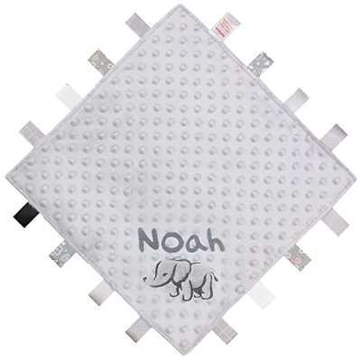 Image of TeddyTs Personalised Grey Embroidered Elephant Sketch Baby Taggy Blanket Comforter, One size