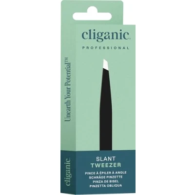 Image of Cliganic Professional Eyebrow Tweezers Slant Tip (Black) Precision for Men &amp; Women, Stainless Steel Best Plucking Chin Facial Hair