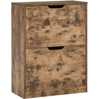 Image of HOMCOM Industrial Shoe Cabinet with 2 Flip Drawers, Narrow Storage for 12 Pairs, Freestanding Slim Organiser Entryway, Hallway, Rustic Brown