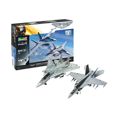 Image of Revell Gift Set 05677 Top Gun Movies F 14D Super Tomcat &amp; F/A 18E Hornet 1:72 Scale Unbuilt Plastic Model Kits with Contacta Professional Glue, Paintbrush Selected Aqua Color Paints
