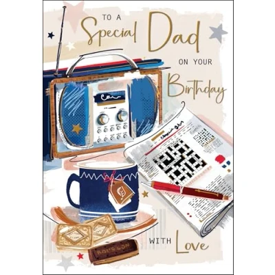 Image of Jonny Javelin Special Dad Birthday Card Happy with Tea, Biscuits and Puzzles Design Embossed Foil Details for Men