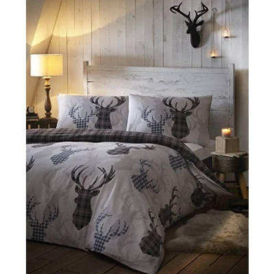 Image of De Cama Tartan Stag Checked Duvet Set Reversible Bedding Quilt Cover King Size, Cotton and Polyester, Black Grey