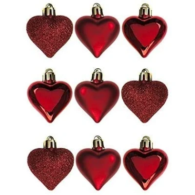 Image of Toyland® Pack Of 9 6cm Red Love Heart Baubles Shiny, Matte &amp; Glitter Christmas Ornaments