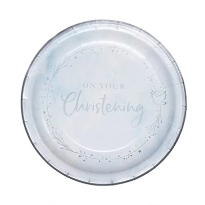 Image of Anniversary House Creative Party Pack of 8 On Your Christening Paper Dinner Plates, Decorations, Table for Boys, Girls, 23cm (9&quot;) Blue, Silver Metallic Ink