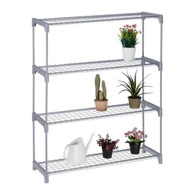 Image of Relaxdays Plant Rack, 4, Stand for Flowers &amp; Pots, Metal Plastic, HWD: 106x91x28 cm, Shelving Herbs, Grey, Steel