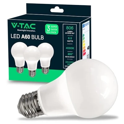 Image of V TAC VT 1900 LED Light Bulb E27 8.5 W (Equivalent to 60 W) A60 806 Lumen Maximum Efficiency and Energy Saving Bulbs Pack of 3