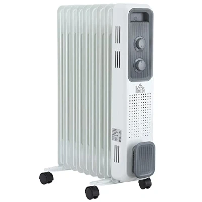 Image of HOMCOM 2000W Oil Filled Radiator, 9 Fin, Portable Electric Heater with 3 Heat Settings, Safety Cut Off and Wheels, White