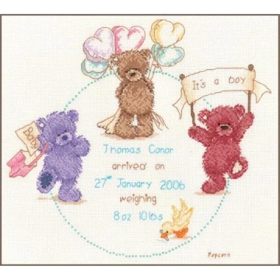 Image of Vervaco Popcorn Celebration Birth Sampler Counted Cross Stitch, Multi Colour