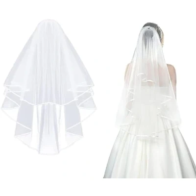 Image of CICILIAYA Bridal Veil Wedding Vails Women&#039;s Simple White Ivory Tulle Short Veils Ribbon Edge for Brides Shower Bachelorette Hen Party Chucky Costume Dress Up Gift Prom Girls First Communion (White)