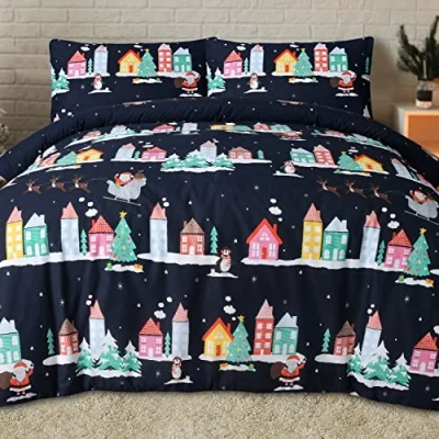 Image of Sleepdown Santa Town Xmas Festive Navy Reversible Duvet Cover Quilt Bedding Set with Pillowcases Soft Easy Care Bed Linen Double (200cm x 200cm), 5056557512676, Multicolor