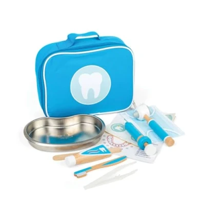 Image of Bigjigs Toys Dentist Set 12 Piece Wooden Kit for Kids with Carry Bag, Toothbrush, Toothpaste, Syringe, Otoscope &amp; more, Pretend Play Gift Toys, Quality Doctors
