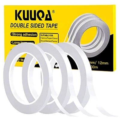 Image of Kuuqa 3 Rolls Double Sided Tape Set Strong Sticky for Office Craft, 30 Meters Long,Wide 6mm/ 9mm/ 12mm