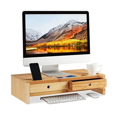 Image of Relaxdays Bamboo PC Monitor Stand, Screen Riser with 2 Drawers &amp; Compartments, Computer Workstation HWD 14 x 60 30 cm, Natural, Standard