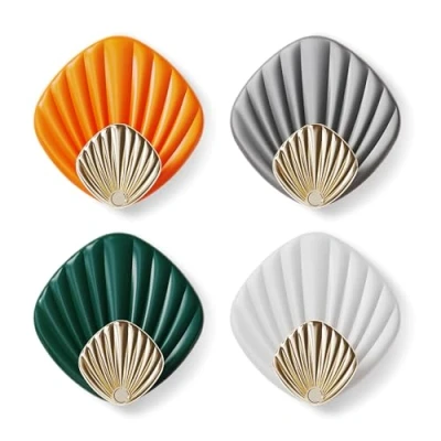 Image of RICOO Self Adhesive Hooks for Bathroom Towels, Robes, Coats, HP004 M Stick On Wall and Door Hooks, Modern Design in Shell Shape, 4 Pack, Strong Hanging Essentials, Multicolour
