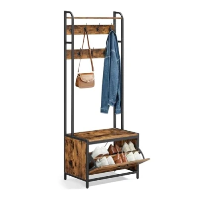 Image of VASAGLE Coat Rack with Shoe Storage, Hall Tree Bench, 7 Hooks and Top Shelf, for Hallway, Bedroom, Industrial Style, Rustic Brown Classic Black HSR425B01