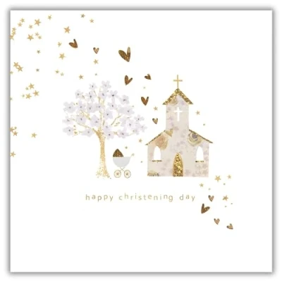 Image of Christening Congratulations Card Church, Pram and Blossom Tree Religious Design Special Finish Embellishments Made in the UK Eco Friendly