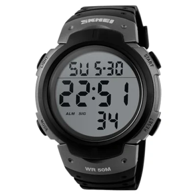 Image of Mens Digital Sports Watch LED Screen Large Face Military Waterproof Casual Luminous Stopwatch Alarm Simple Army Watch, Grey,