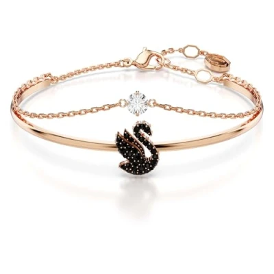 Image of Swarovski Swan bangle, Swan, Black, Rose gold tone plated