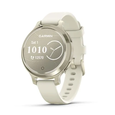 Image of Garmin Lily 2 Active, Stylish Small GPS Smartwatch, Fitness Tracker with Hidden Display, Tracking, Sports apps,Patterned Lens, Bright Touchscreen Up to 9 days battery life, Cream Gold