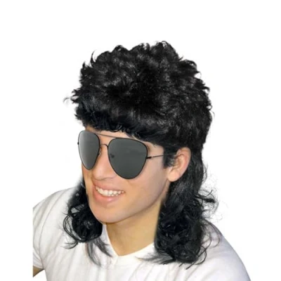 Image of XNIVUIS Mens Wig Men&#039;s 80s Long Curly Wig, Mullet Wigs, Black Rocker Punk Heavy Metal Halloween Fancy Dress for Costume Cosplay Party (2 Pcs)