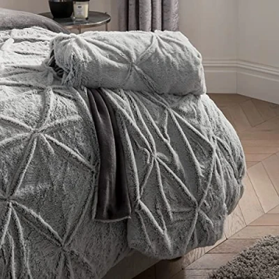 Image of Sleepdown Luxury Ruched Pleat Faux Fur Grey Throw Over Sofa Super Soft Warm Cosy Bed Blanket Bedspread With Sherpa Reverse 150cm x 200cm