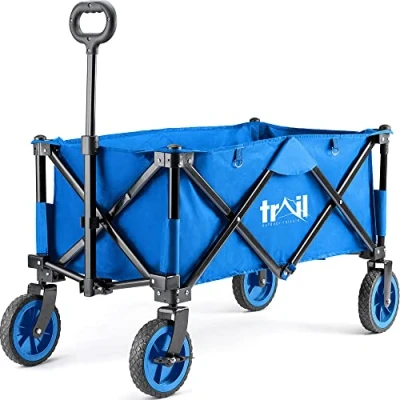 Image of Trail Folding Camping Festival Trolley 80kg Capacity, Beach Picnic Garden Wagon, Heavy Duty, Big Wheels, Adjustable Handle, Reinforced Base, Protective Cover (Blue)