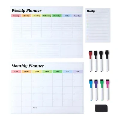 Image of Amazon Basics Magnetic Dry Erase Calendar Whiteboard Set (3 Pack) for Fridge, 8 Markers and Eraser, White