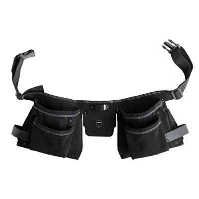 Image of kwb Two Piece Tool Belt Leather with 7 compartments, Nail Bag, Knife Pocket, Hammer Holder and Metal Clip for Tape Measure