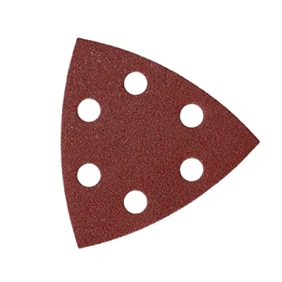 Image of Mirka Red Delta Sander sanding Paper Wood Triangles Grip / 93x93x93 mm hook and loop fastener 6 hole grit P80 5 pieces for wood, metal plastic