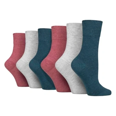 Image of IOMI Footnurse Ladies 6 Pair Multipack Non Elastic Diabetic Socks with Gentle Grip Wide Top 4 8 (UK, Numeric, 4, 8, Regular, Coral/Grey/Teal)
