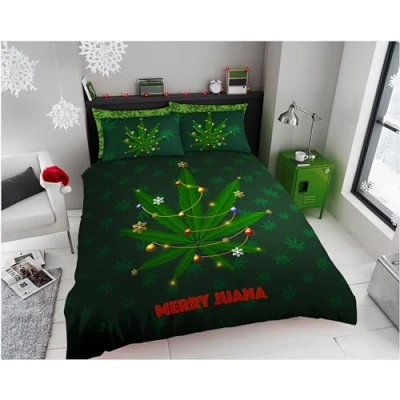 Image of GC GAVENO CAVAILIA Luxury Merry Juana Leaf Print Duvet Cover Warm &amp; Cosy Weed Leaves Large Baubles Reversible Quilt Set Xmas Bedding Single With Pillow Case