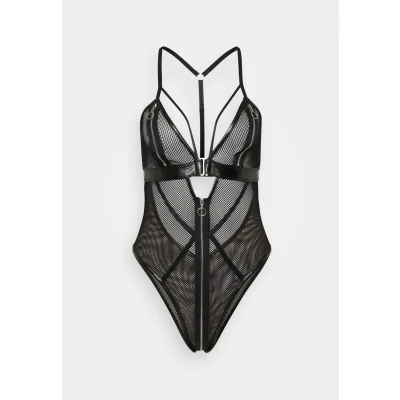 Image of Ann Summers Zorah Crotchless Lingerie Body Fishnet &amp; PU Women&#039;s Bodysuit with Zip Front, Chic Suit Black