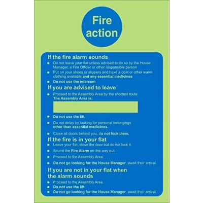 Image of Seco Fire Action Care Homes Sign, 150mm x 200mm Photoluminescent Self Adhesive Vinyl