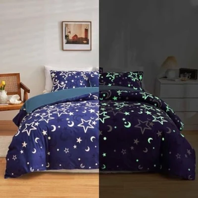 Image of Galaxy Glow in The Dark Bedding Set for Girls Kids Blue Universe Starry Night Duvet Cover Super Soft 220x260cm Bed Outer Space Stars Moon Comforter Girl Bedroom