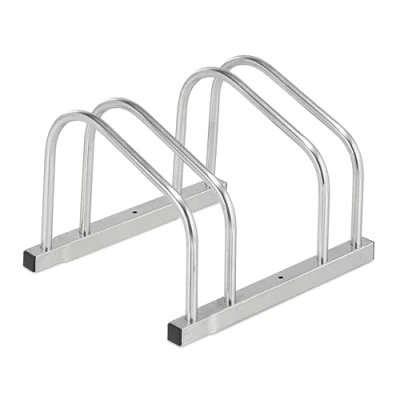 Image of Relaxdays Floor Bike Rack, for 2 Bicycles, Wheel Width up to 50 mm, Metal, Outdoor Parking Stand, Garage, Steel, Silver, 26 x 38.5 33.5 cm