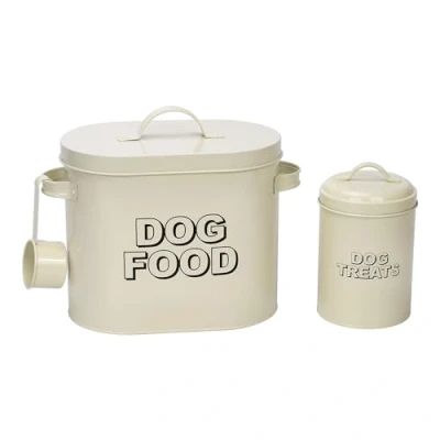 Image of Retro Vintage Styled Antique Cream 3PC Oblong Metal Dog Food Storage Sets: Tin, Treats Tin &amp; Serving Scoop