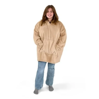 Image of Bravich Oversized Fleece Hoodie Blanket Beige. Fluffy Hooded With Super Soft Sherpa Lining For Adults, Men &amp; Women. Wearable Throw, Warm, One Size Fits All.