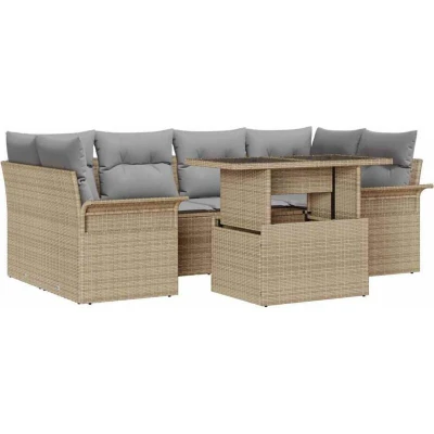 Image of vidaXL 7 Piece Garden Sofa Set with Cushions Beige Poly Rattan