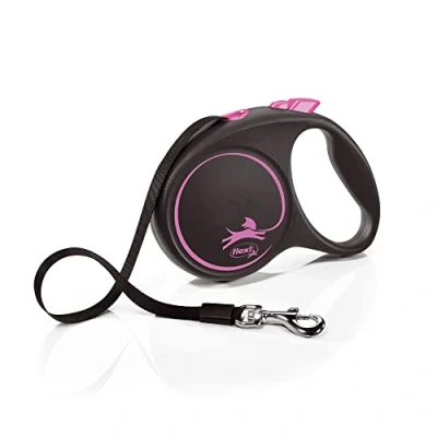 Image of Flexi Black Design Tape Pink Large 5m Retractable Dog Leash/Lead for dogs up to 50kgs/110lbs