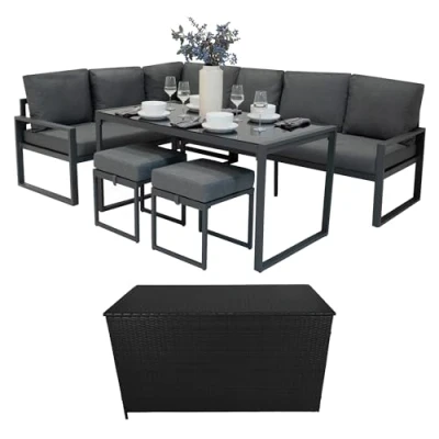 Image of Garden Furniture Set Anthracite Grey Aluminium With Rattan Storage Box Black 7 Seater Outdoor Corner Sofa Dining Table Stools Cushions 582L Chest Gas Lift Lid Portable Waterproof Rain Cover Carry Bag