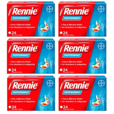 Image of Rennie Peppermint Antacids, Heartburn Relief and Indigestion Tablets, Fast Effective for Acid Reflux 144 Tablets (6 Pack of 24 Tablets)