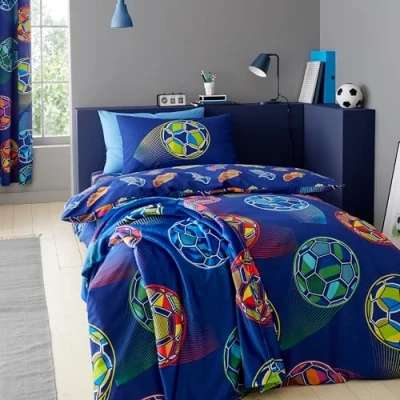 Image of Catherine Lansfield Bright Football Reversible Single Duvet Cover Set with Pillowcase Navy Blue