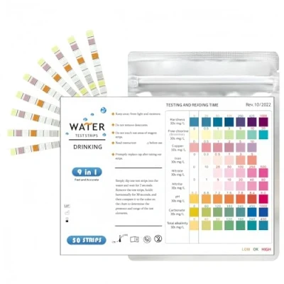 Image of 100 Pack Water Test Strips Testing Kits for Drinking pH, Hardness, Chlorine, Lead, Iron, Copper, Nitrate, etc Home Kit (100) (50)