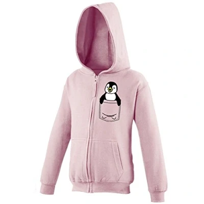 Image of Youth Kids Childrens Zip Up Hoodie Penguin Cute Animal Pocket Print Light Pink 7 8 Years (M)