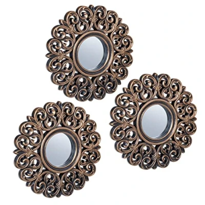Image of Relaxdays Set of 3 Mirrors, Baroque Style, Ø 25 cm, Round, Wall Mounted, Plastic Frame, Bedroom &amp; Hallway, Bronze/Black, Glass