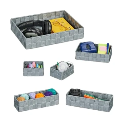 Image of Relaxdays, Set of 6, in 4, Woven, Plastic, Metal Frame, Bathroom Baskets, Storage Box, Grey, Iron, Various sizes