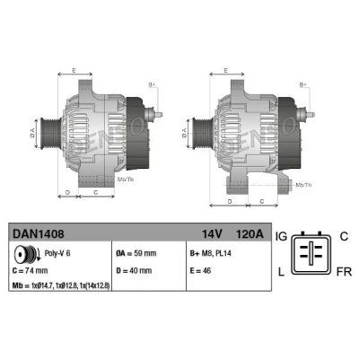Image of 2R8310300AA, 2R8310300AB, XR817076, XR837164 Generator DENSO DAN1408 14V 120A 59mm JAGUAR: XJ Saloon