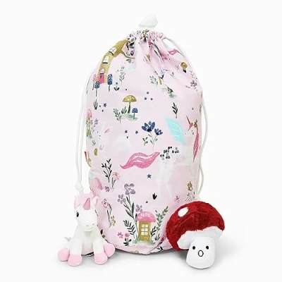 Image of Happy Linen Company Girls Boys Kids Enchanted Forest Unicorn Pink 50 x 75 cm Reversible Foldable Toys Organiser Storage Bag