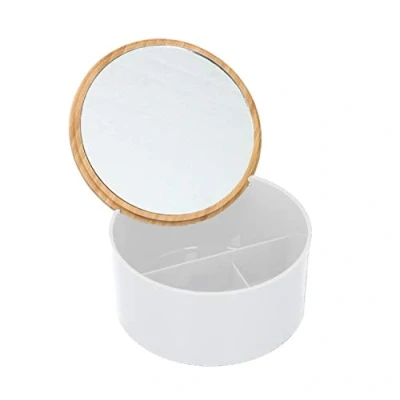Image of alpina Makeup Organiser Cosmetic Cotton Pads Swab Holder Box Clear Acrylic With Bamboo Lid Beauty Wool Bud Ball Bathroom Storage Jar Dispenser, Transparent (3 Section Mirror Lid)