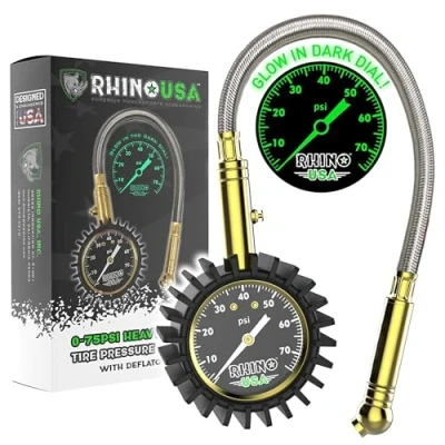 Image of Rhino USA Heavy Duty Tire Pressure Gauge (0 75 PSI) Certified ANSI B40.1 Accurate, Large 2&quot; Easy Read Glow Dial, Premium Braided Hose, Solid Brass Hardware, Best for Any Car, Truck, Motorcycle, RV